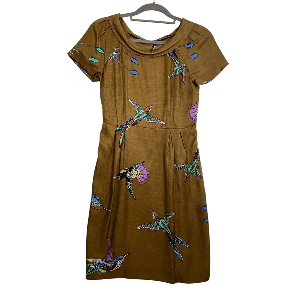 Boden Hummingbird Print Silk Blend Roll Collar Dress Brown Womens US 2P/UK 6P